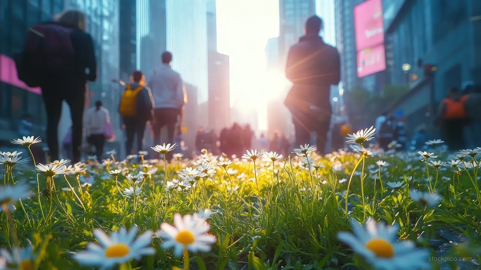 Wild daisies sway in the foreground beside a city sidewalk as pedestrians pass under golden sunset light.