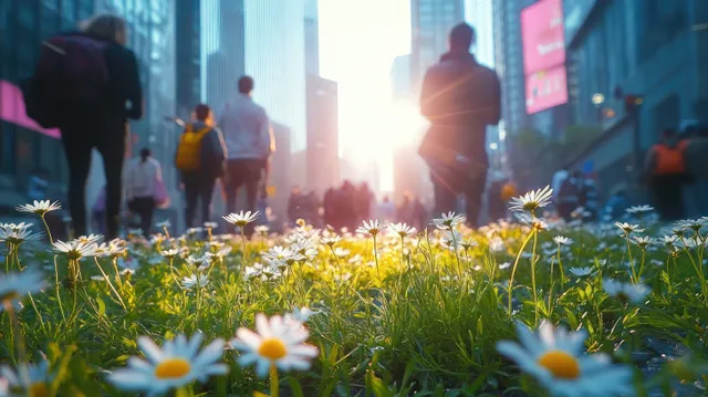 Wild daisies sway in the foreground beside a city sidewalk as pedestrians pass under golden sunset light.