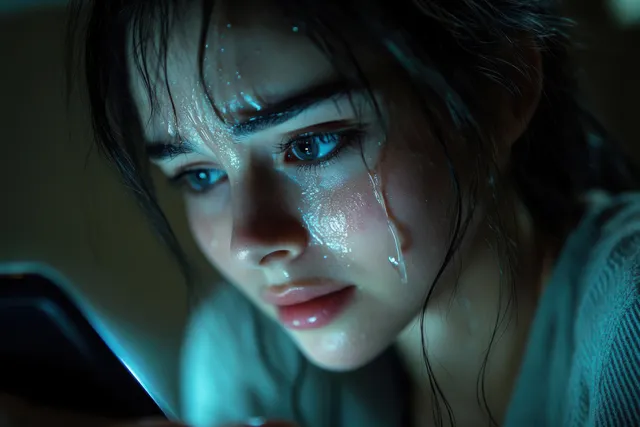 A young woman’s wet face and tears are illuminated by blue light in a dark close-up portrait.