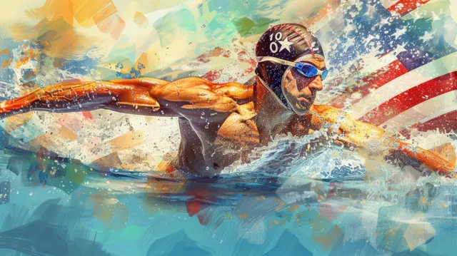 Male backstroke swimmer splashing through pool, vivid patriotic flags and motion blur