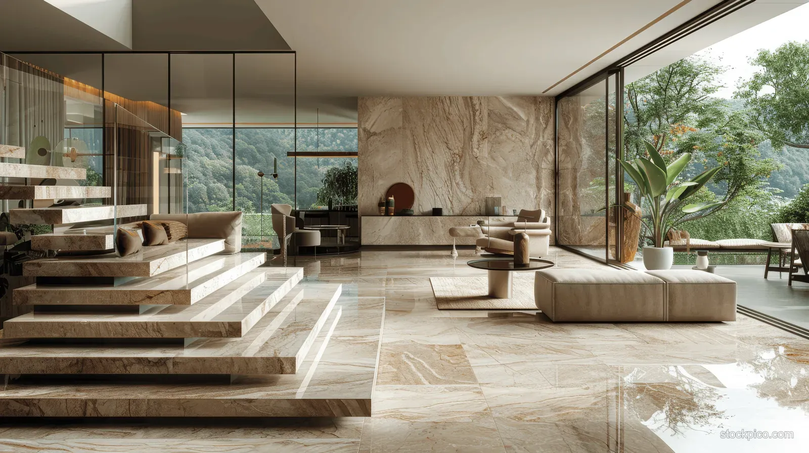 Empty luxury living room with marble flooring, beige sofa, glass wall, and wooden staircase leading upward.