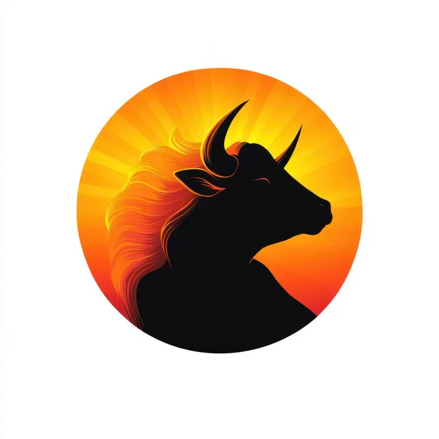 Black bull head silhouette with flowing mane centered inside a radiant orange-yellow circular sunburst emblem.
