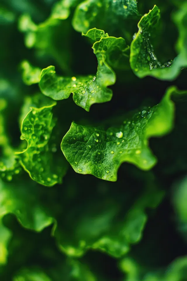Closeup green lettuce leaves under natural light with dew-like speckles on textured background