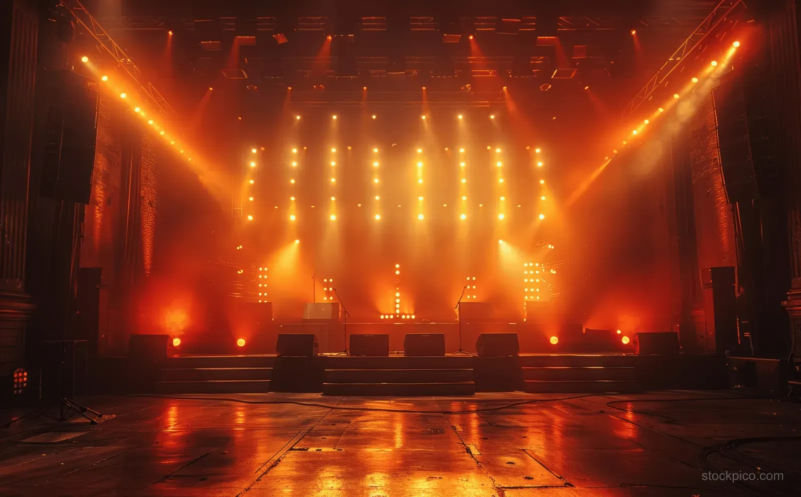 Empty concert stage lit by orange spotlights with fog across the floor at night.
