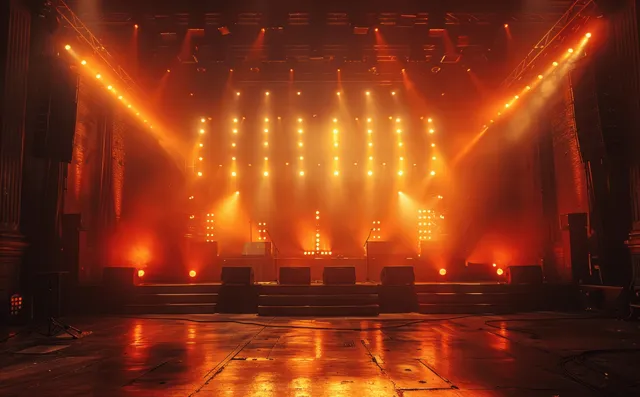 Illuminated concert stage at night with orange spotlights and drifting fog