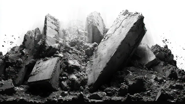 Shattered concrete blocks forming a rubble pile with dust scattering in bright light.