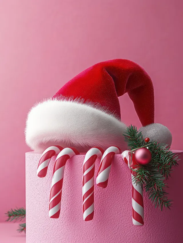 Red Santa hat with striped candy cane pieces and holly sprig resting on a soft pink background.