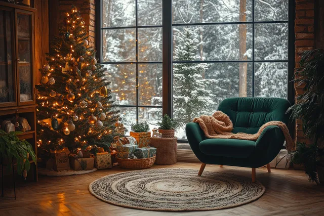 Warmly lit Christmas tree and gift boxes sit by a window with snowy trees visible outside.