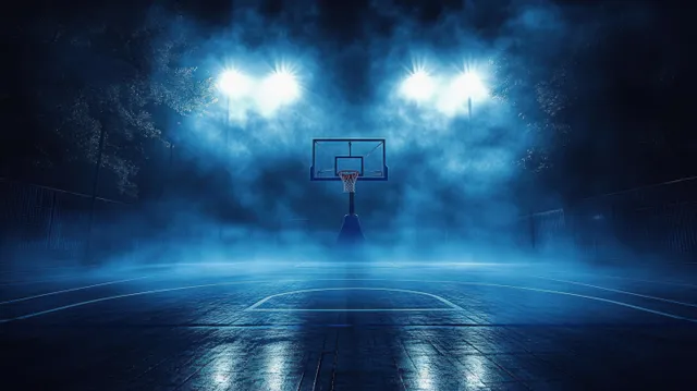 An empty outdoor basketball court at night shines under bright floodlights with misty fog across the court surface.