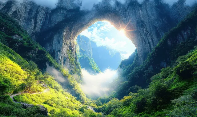 Misty mountain pass framed by a natural arch with sunlit clouds
