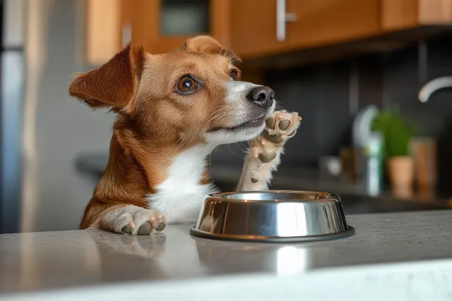 Small brown-and-white dog reaching toward an empty stainless steel food bowl on a kitchen countertop.