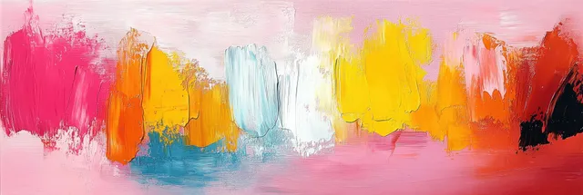 Abstract painting with pink and yellow brushstrokes layered over a white, textured canvas background.