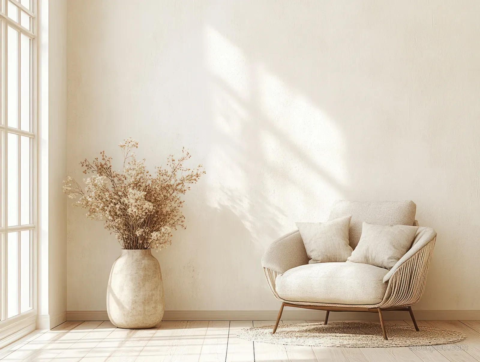 Beige linen armchair near a vase of dried pampas grass in a sunlit minimalist living room.
