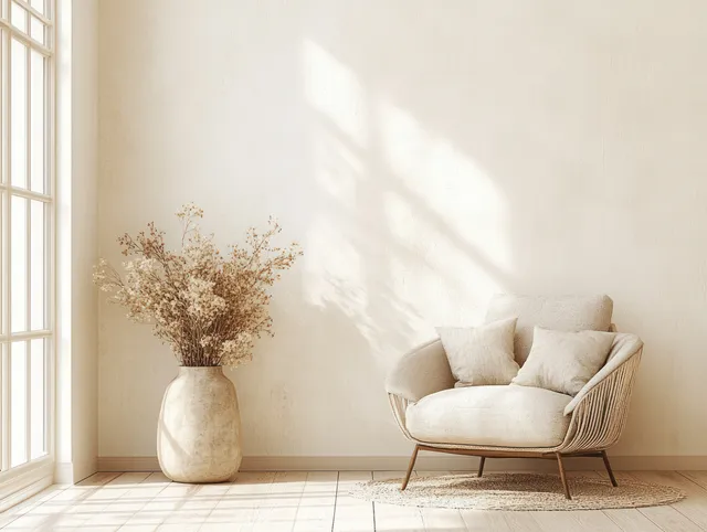 Beige linen armchair near a vase of dried pampas grass in a sunlit minimalist living room.