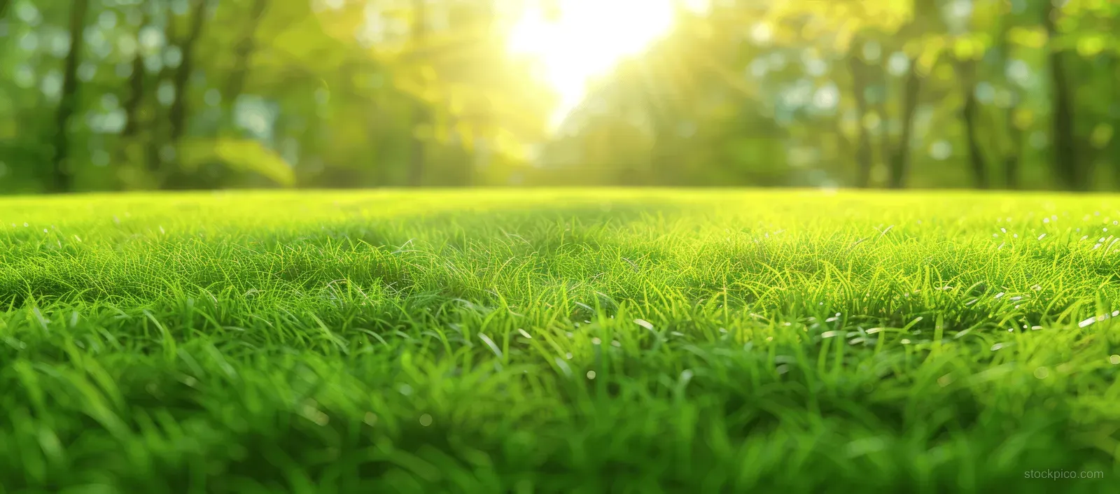 Sunrise light over a green grass lawn with light fog and distant trees in a park panorama.