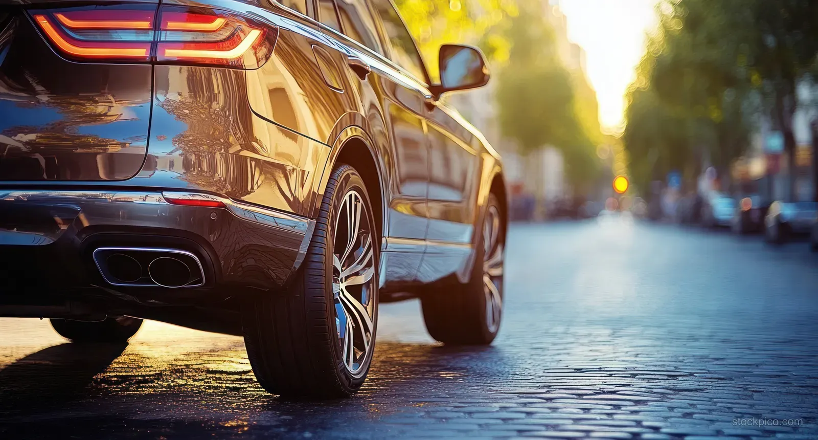 Luxury SUV parked on a sunlit city street with reflective curves and soft bokeh lights in the distance.