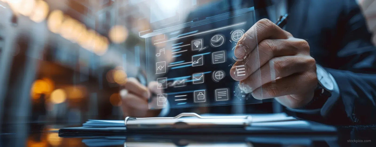 A businessman gestures toward a virtual screen with Kanban task columns and planning icons.
