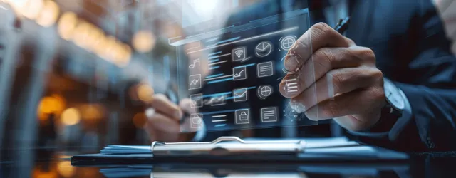 A businessman gestures toward a virtual screen with Kanban task columns and planning icons.