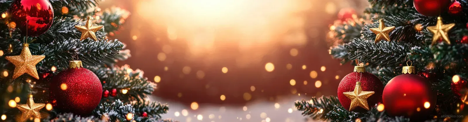 Red Christmas tree ornaments and golden stars glow under twinkling lights with soft bokeh lights in the background.