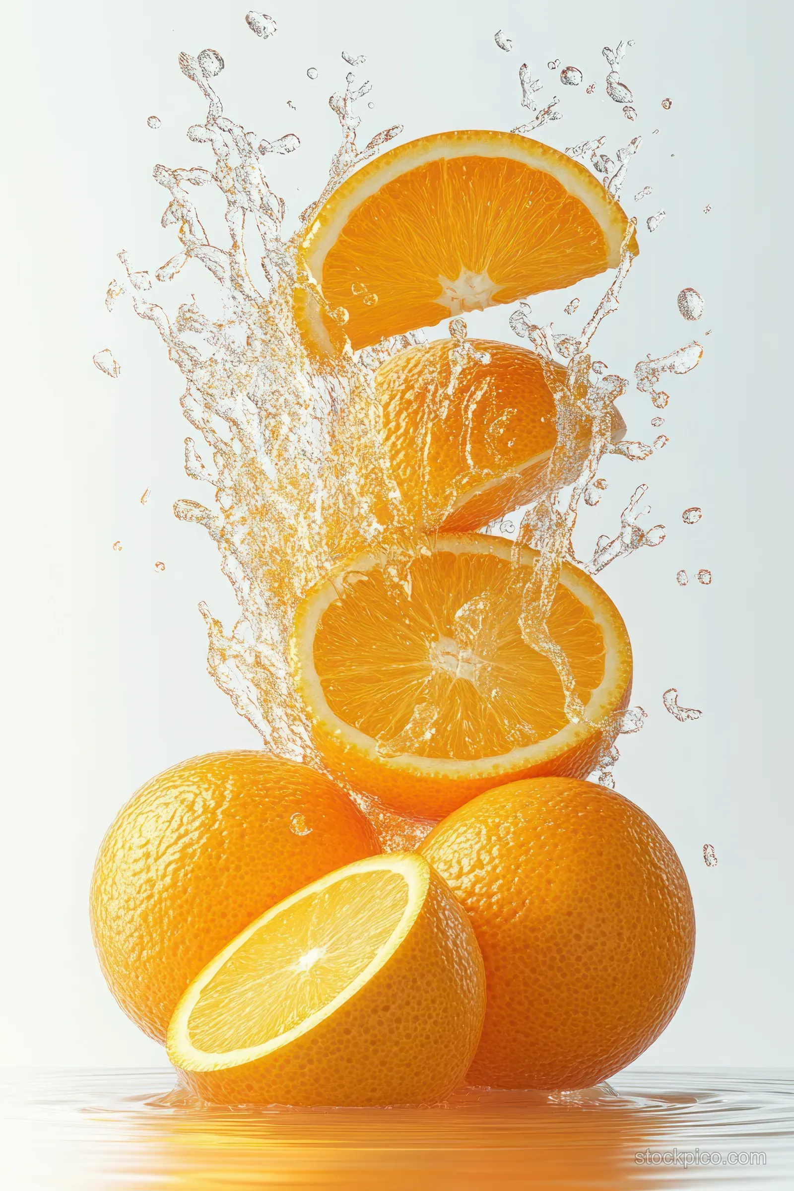 Orange juice splashes upward around floating orange slices with scattered droplets on a white background.
