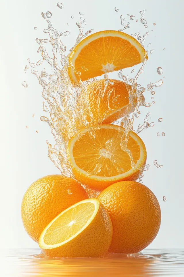 Orange juice splash with floating orange slices and droplets on clean white background with Healthy Beverage Concept