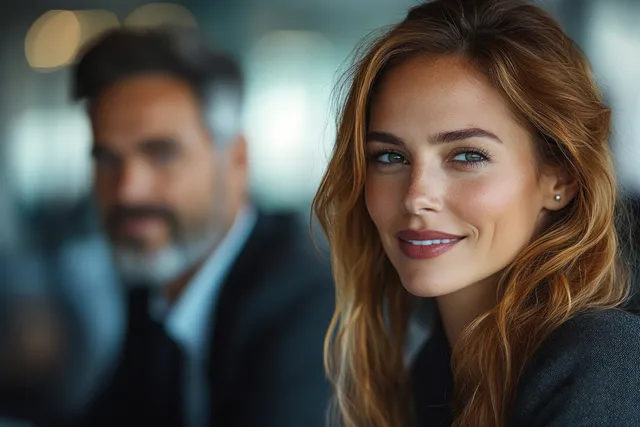 Confident businesswoman speaks in a finance meeting while colleagues discuss behind her