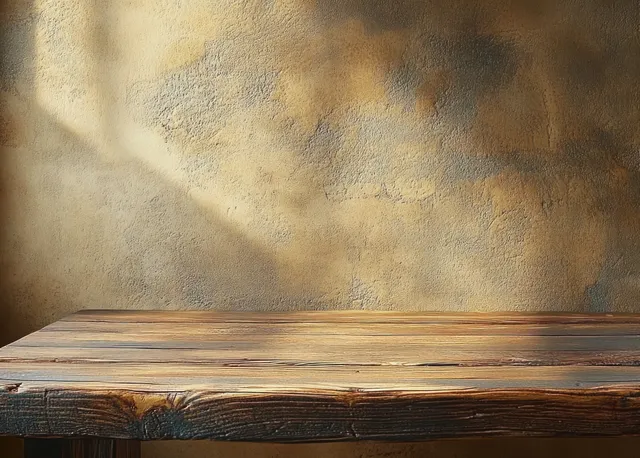 Empty rustic wooden table in front of a textured beige wall with soft sunlight casting warm shadows.