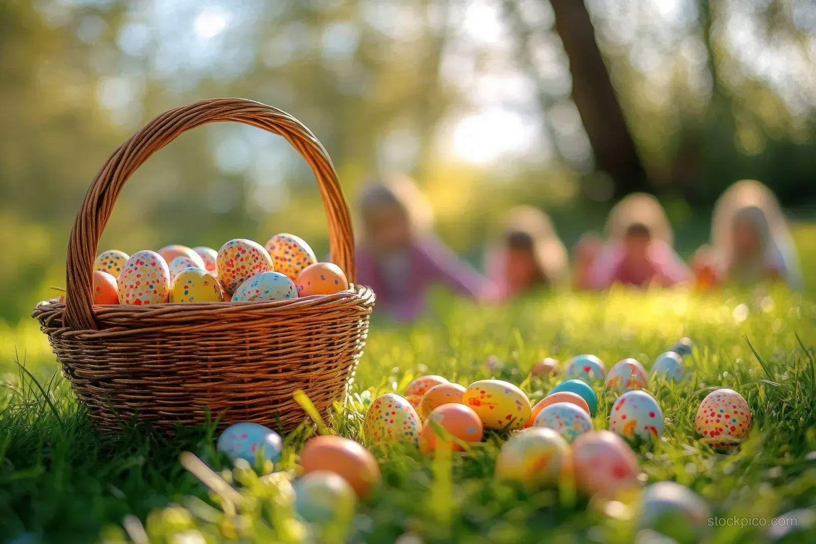 Wicker basket of colorful speckled Easter eggs on green grass with scattered eggs and blurred children behind.