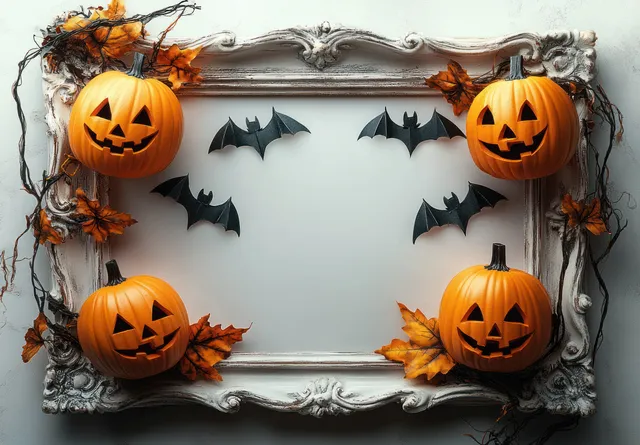Four carved jack-o'-lanterns and black bat cutouts decorate an ornate vintage frame with autumn leaves.