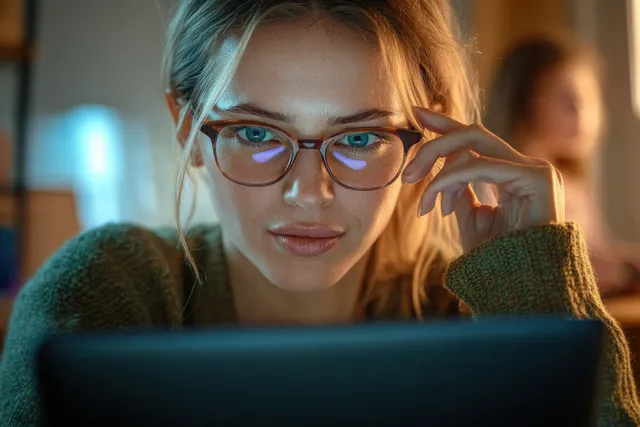 Young woman wearing glasses looks at a laptop in a warmly lit room.