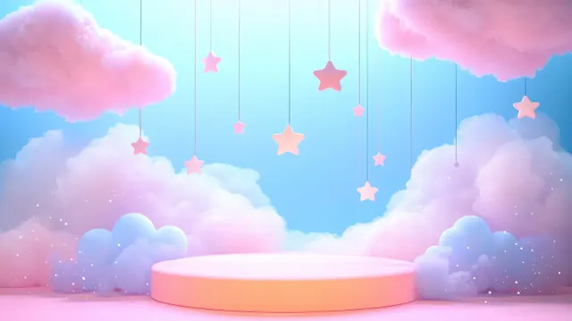 Dreamy Pastel Cloud Stage with Glowing Round Platform and Hanging Star Ornaments