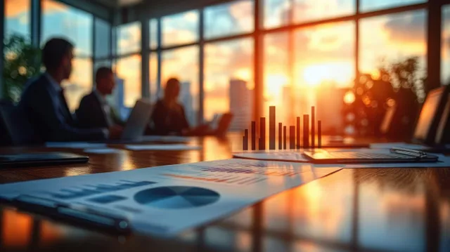 Business team members meet in an office as a laptop displays financial bars and charts with an AI-like glow overlay.