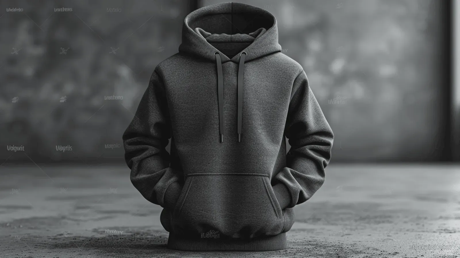 Front view of a black hoodie with hood up resting on a gray floor with soft shadows.