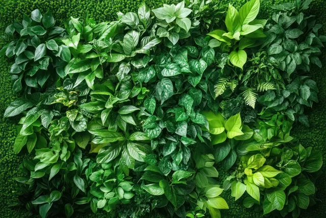 A vertical wall covered with dense green foliage, showing layered leaf textures and bright fresh green tones.