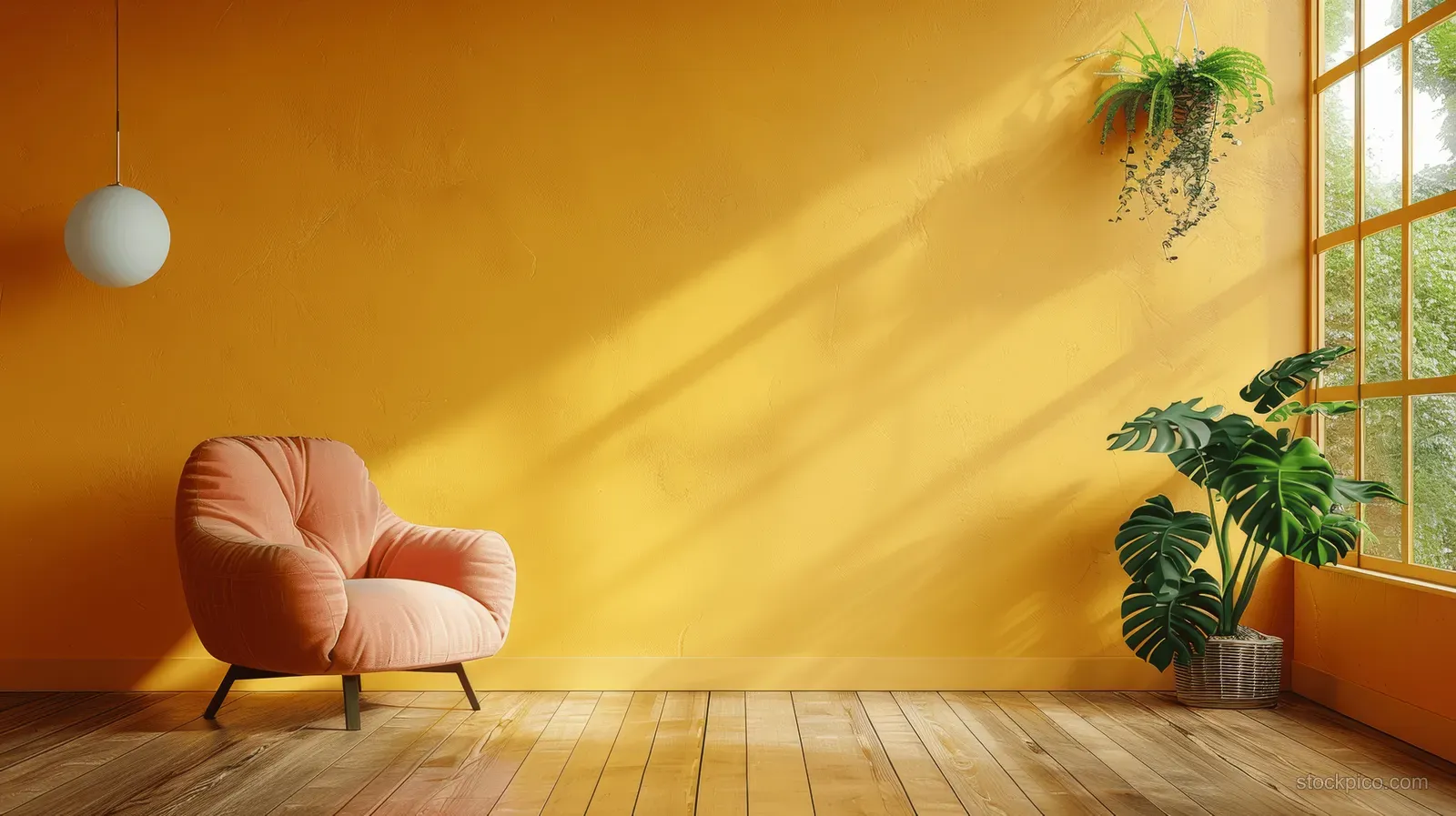 A modern minimalist interior showcases a bright yellow accent wall, an orange armchair, and warm wooden flooring with natural light.