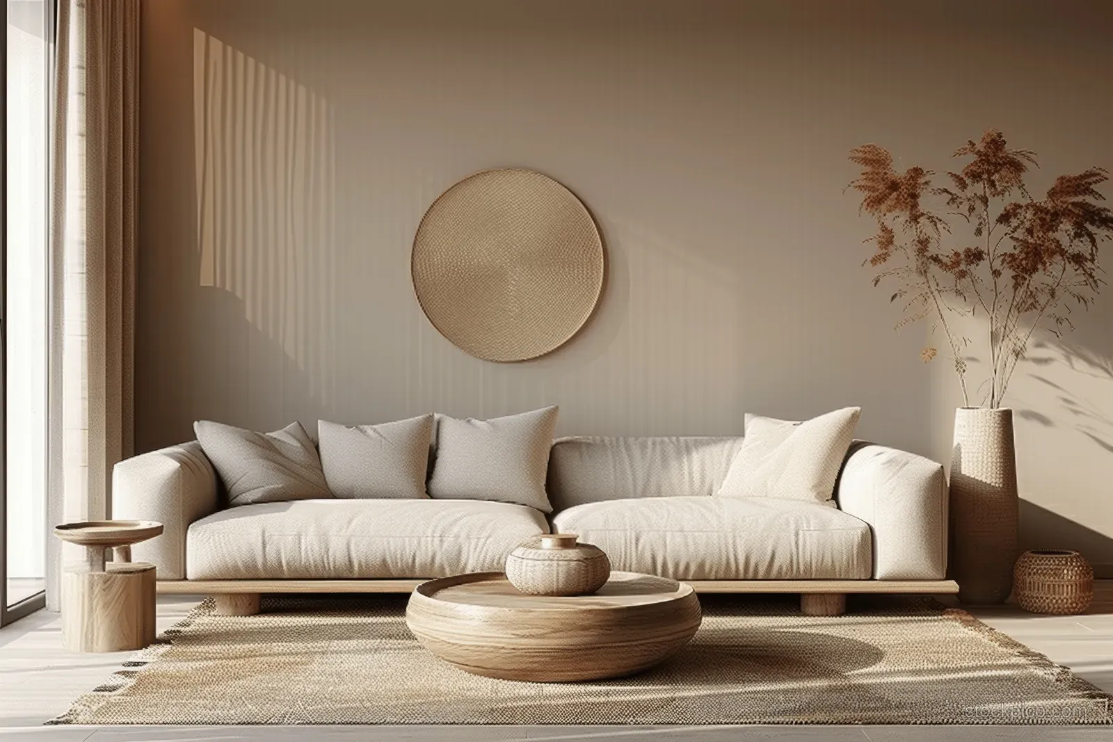 Beige minimalist living room with a low sofa, round wall mirror, wooden coffee table, and vase of dried stems.