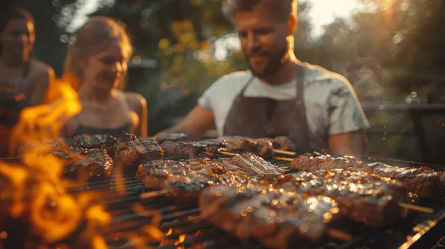 Sizzling burgers cook on a backyard grill as people gather in the sunny background with smoke and flames.