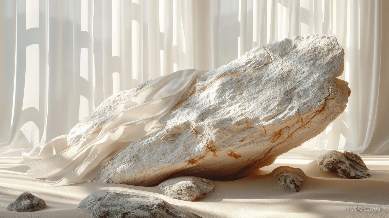 White stone slab on a pedestal with scattered pebbles and a sheer fabric drape behind it.