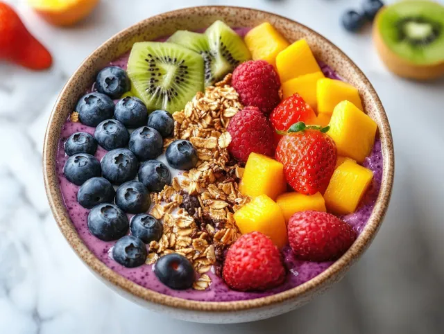 A purple smoothie bowl on white marble topped with blueberries, kiwi slices, granola, strawberries, and mango.