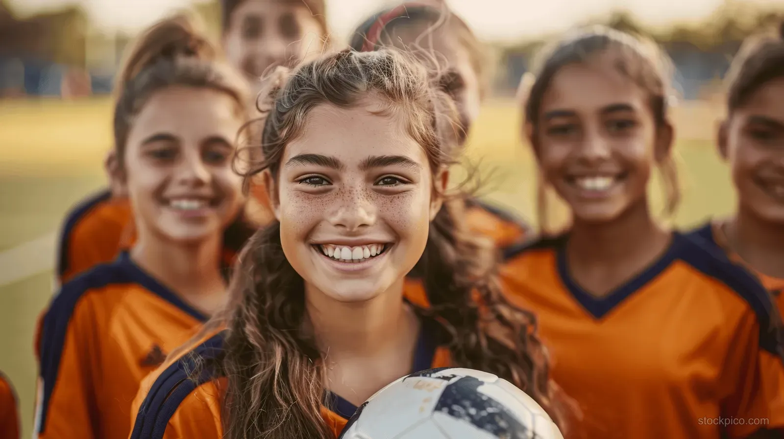 Smiling teenage girls in blue soccer uniforms pose with a soccer ball on an outdoor field at golden hour.