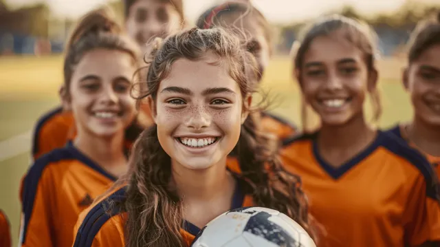 Smiling teenage girls soccer team in blue uniforms posing with a ball on an outdoor field