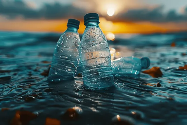 Discarded plastic bottles float in choppy seawater with debris and sunlight glare in the distance.