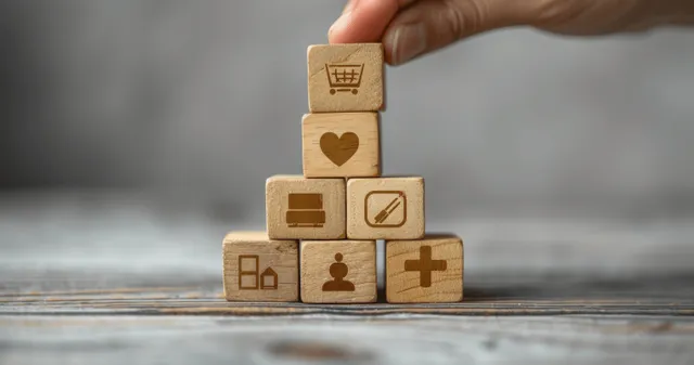 Stacked benefit blocks with icons and a hand placing one on a table