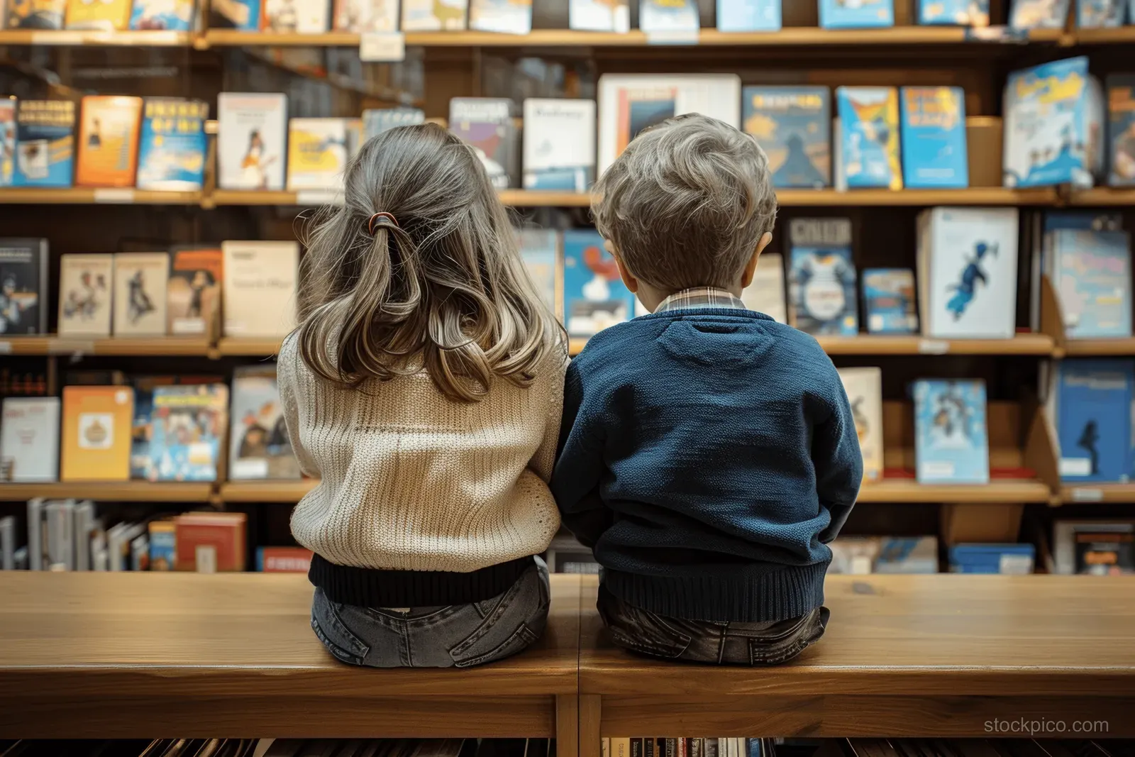 Two children sit on a bookstore shelf browsing books in an aisle from behind.