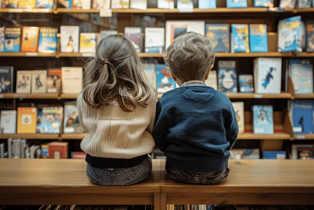Two children sit on a bookstore shelf browsing books in an aisle from behind.
