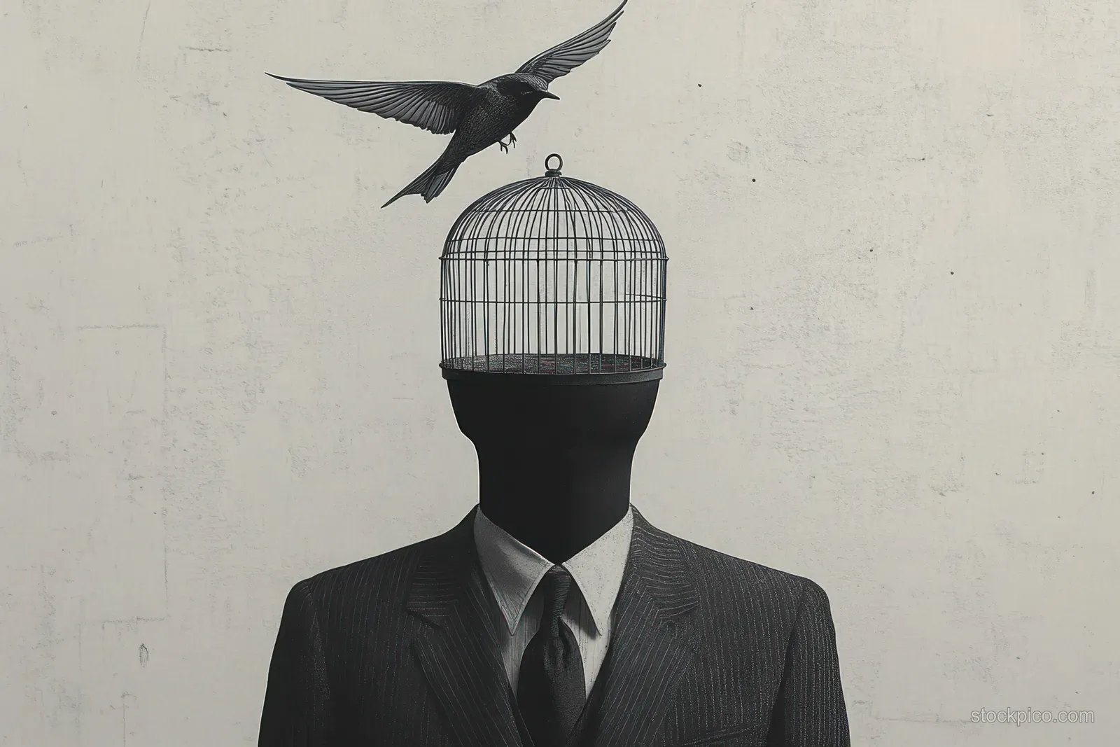 Pinstripe suited figure with a birdcage for a head as a bird flies overhead on a plain wall background.