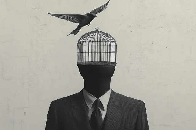 Pinstripe suited figure with a birdcage for a head as a bird flies overhead on a plain wall background.