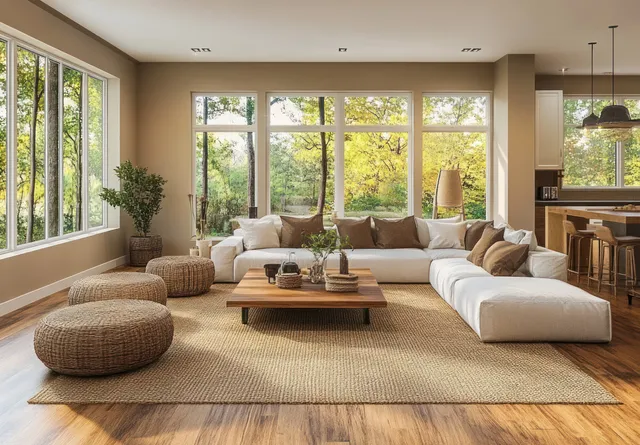 Cozy modern living room flooded with daylight, hardwood floors, and neutral sectional seating