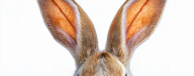 Close-up view of rabbit ears with detailed fur texture against a clean white background.
