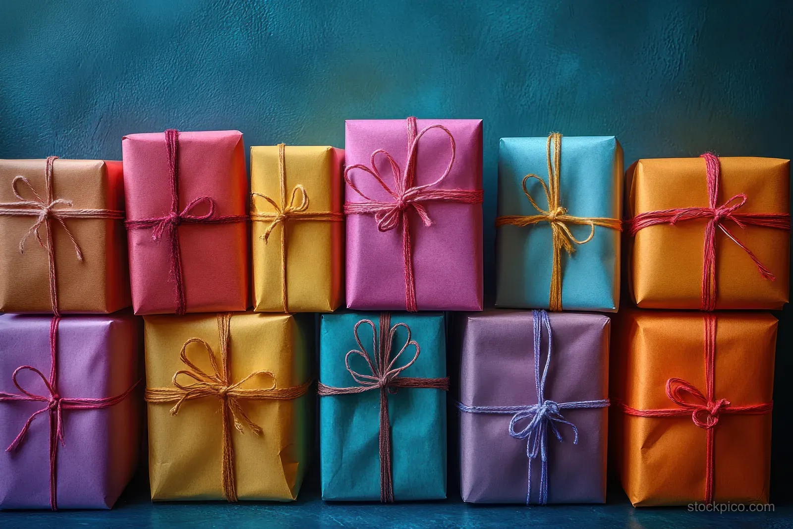 Colorful wrapped gift boxes with gold and red ribbons are arranged in rows on a blue background.